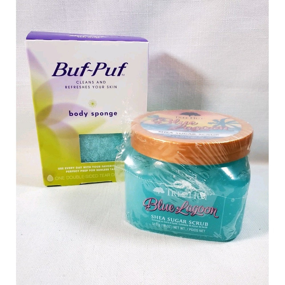 Tree Hut Blue Lagoon Shea Sugar Scrub 18oz +‎ Buf-Puf Body Sponge Set-NEW